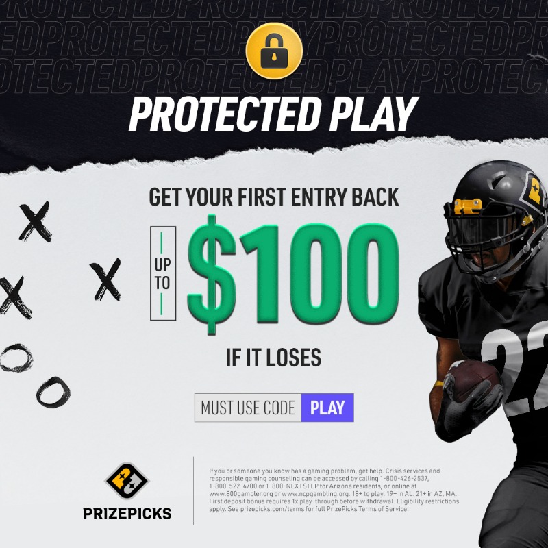 PrizePicks's tweet photo. Your first entry is on us up to $100!

Get 100% of your entry fee back if it loses.

NEW USERS: use code PLAY to claim.