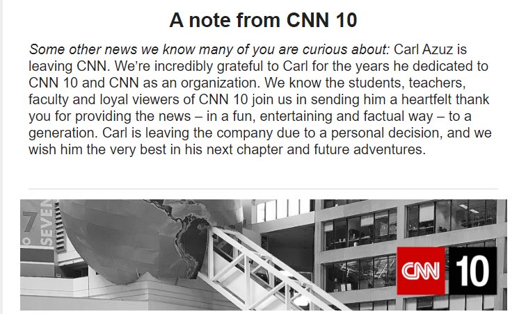 The official end of an era. After 15 years of bringing his awesome and positive brand of news to young people around the world, Carl Azuz very likely may be the most recognizable news anchor to Gen Z. <a href="/CarlAzuzCNN/">soham</a> #CarlAzuz