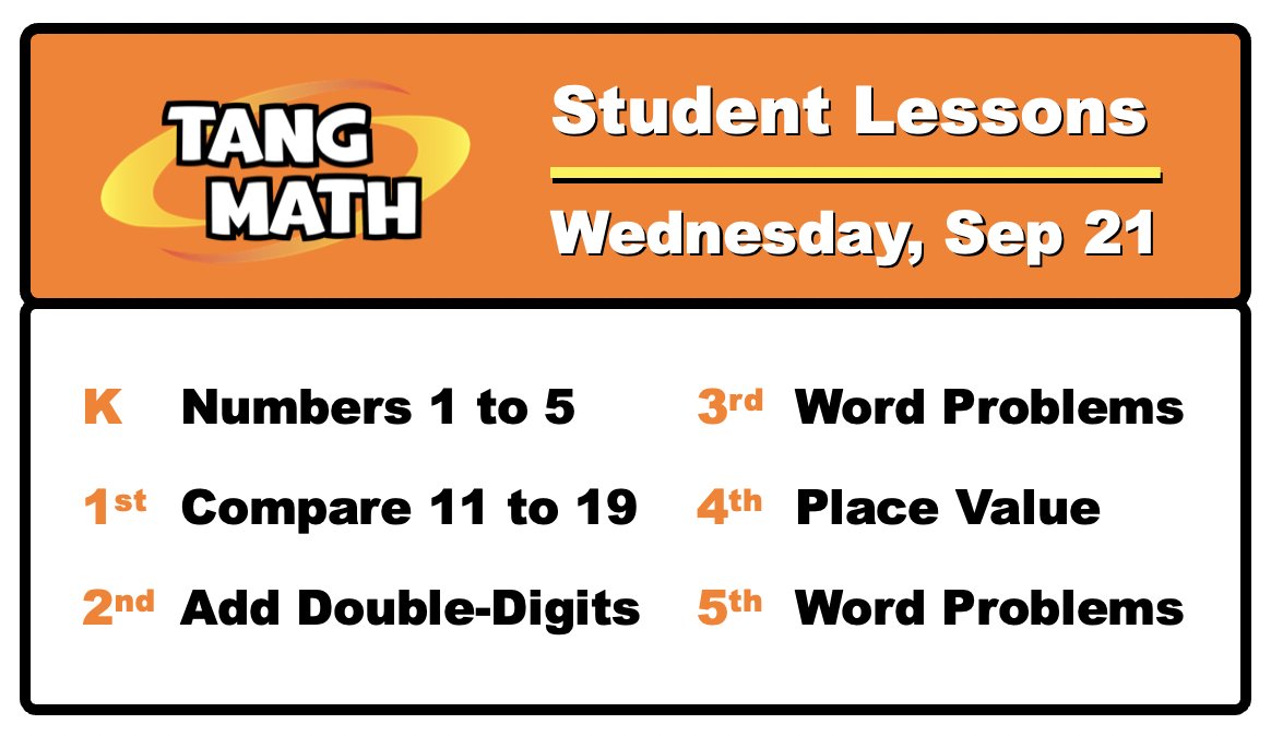 STUDENT LESSONS are back! Join us THIS Wednesday, September 21st. I'll be teaching 6 lessons for K thru 5. Using our curriculum? I'll model lessons from Unit 2. TEAM TEACH with me. Let's get your kids off to a great start! TangMath.com/UP