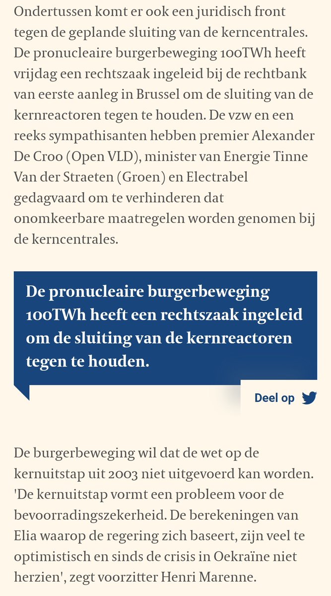 Gelukkig zijn er nog burgers met verantwoordelijkheidszin:

"De pronucleaire burgerbeweging 100TWh heeft vrijdag een rechtszaak ingeleid bij de rechtbank van eerste aanleg in Brussel om de sluiting van de kernreactoren tegen te houden" tijd.be/ondernemen/mil…