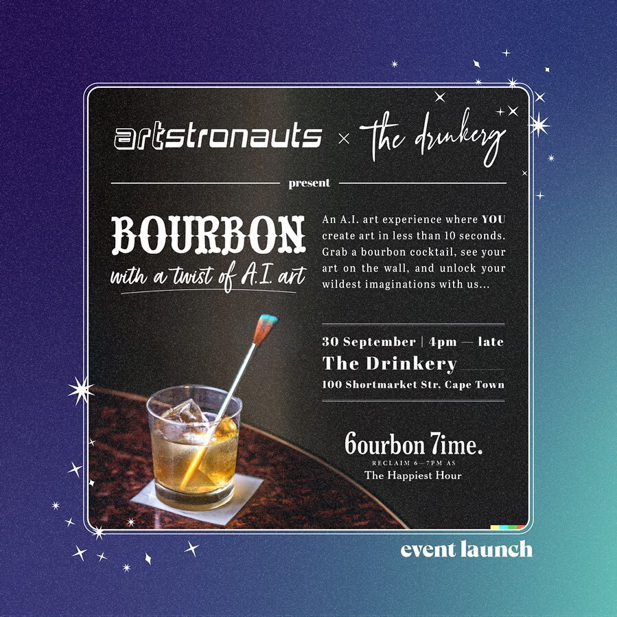ArtstronautsFun's tweet photo. Bourbon cocktail, with a twist of A.I art… 🍸😉We CANNOT WAIT to bring bourbon cocktails to A.I. art next week! Join us at @thedrinkeryza for a totally unique experience making art with A.I. in Cape Town’s favourite intimate cocktail lounge. WHO’S COMING? 🙋🏻‍♂️ https://t.co/Kra1S8NJ3G
