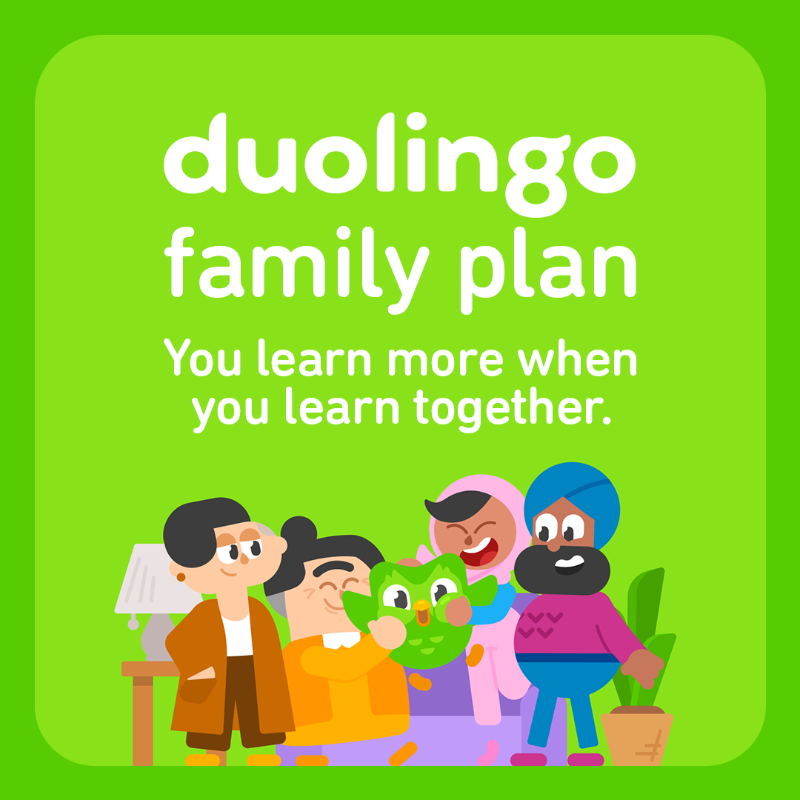 duolingo's tweet photo. Learning a language all on your own? ❌
 
Learning a language with a random family of 5 holding you accountable? ✔️
 
Get adopted into a Duolingo Family Plan with unused spots, and go further when you learn together. #DuolingoAdoptionCenter
