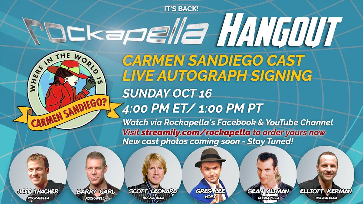 Back by popular demand! Visit streamily.com/rockapella now to pre-order autographed photos from cast members of @pbs's "Where in the World is Carmen Sandiego?" Live autograph signing on YouTube &amp; Fcbk 10/16! And new additional photos coming soon #carmensandiego #PBS #1990s