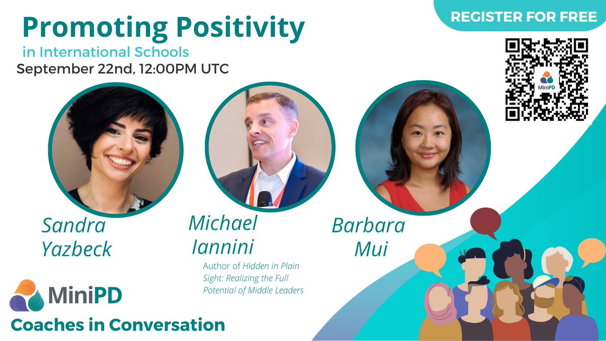 MyMiniPD's tweet photo. 👋Join the #MiniPDCommunity Thursday 9/22 for a live event when @sandrayazbeck, @PDacademia, and Barbara Mui share experiences Promoting Positivity.

📆 Register to join live or catch the recording: https://t.co/4dCsXaF3BG

#PYPChat #MYPChat #DPChat #NESAChat #SEL #IntEd #EdChat https://t.co/EMVU1s1Ngu