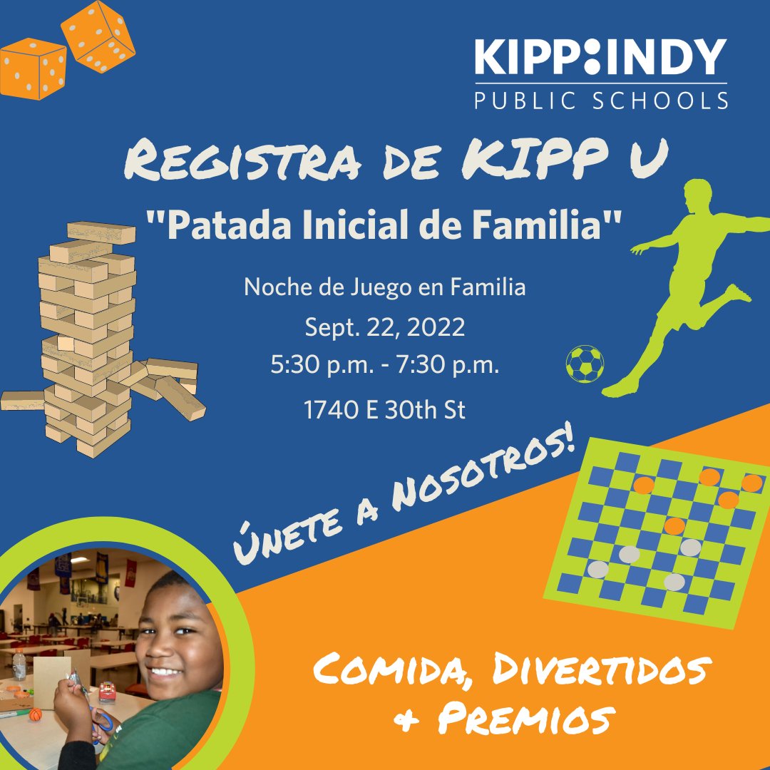 KIPPIndy's tweet photo. We are excited to invite you to our first KIPP U Check-in for this school year. Join us Thursday, Sept 22, at 5:30 p.m. at the K-8 Building for our "Family Fun Game Night!" All are welcome and encouraged to sign up for KIPP U if you haven't already. RSVP on ParentSquare. #KIPPU https://t.co/h5EHRLZUQz