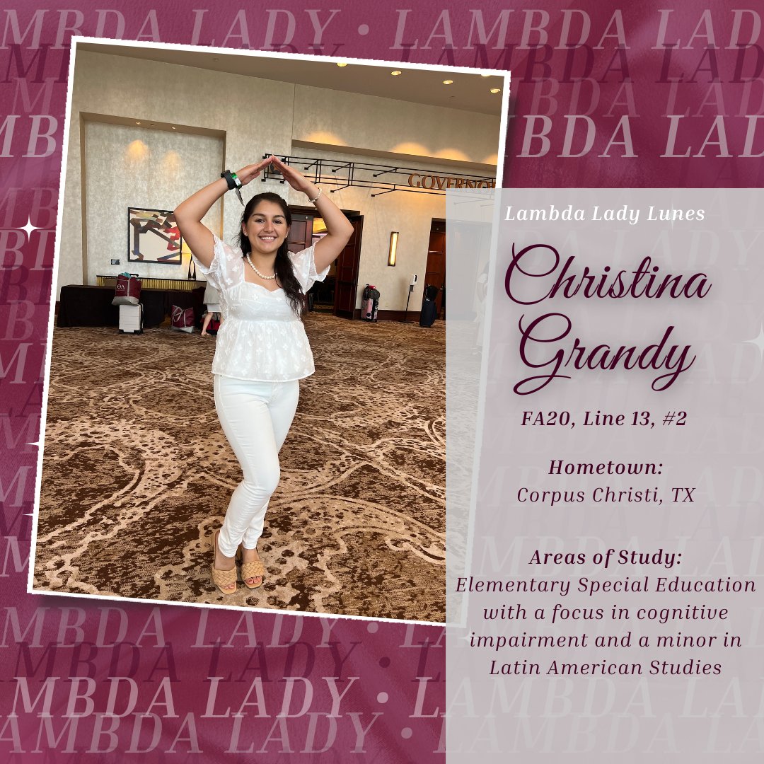 LTA_BetaOmega's tweet photo. We're kicking off our Lambda Lady Lunes series with our sister Christina Grandy, who is leading our Beta Omega Chapter this academic year! Christina is guaranteed to brighten up your day and lend a hand when you need help! We love and appreciate her a ton!
#LambdaLadyLunes https://t.co/2u3uKIuVAs