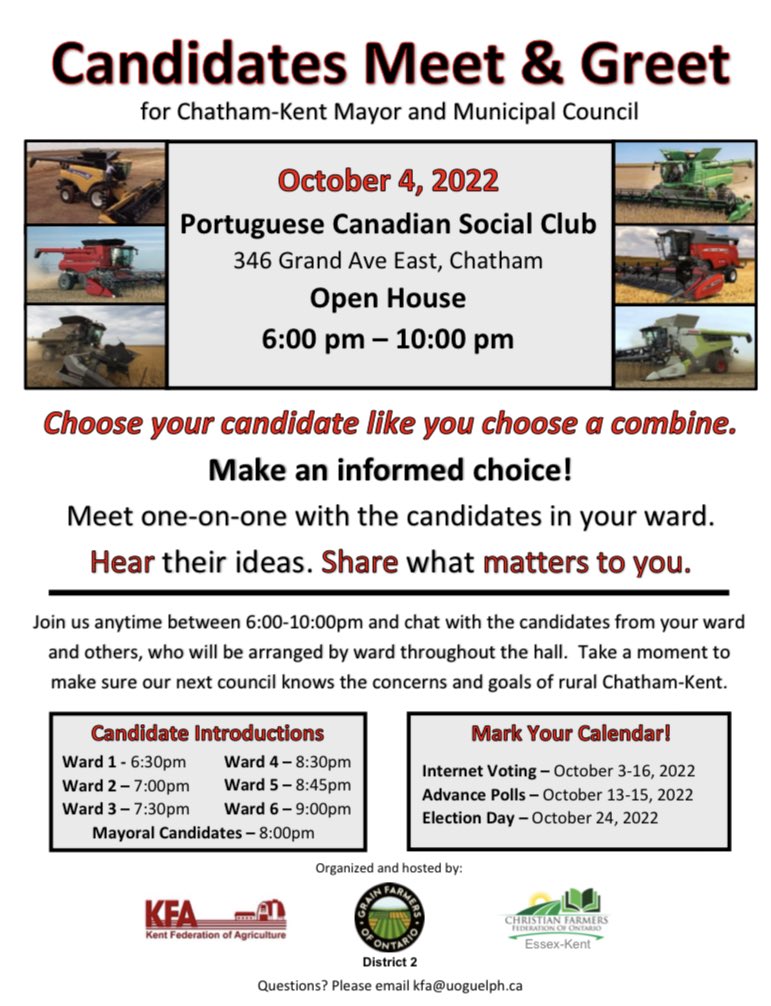 KentFederation's tweet image. We are one of the host for an all candidates night. We hope to see all of you out to meet and speak with those that are running in this municipal election. Check out the flyer for more details.  #election #ckont #ontag #hopetoseeyouthere