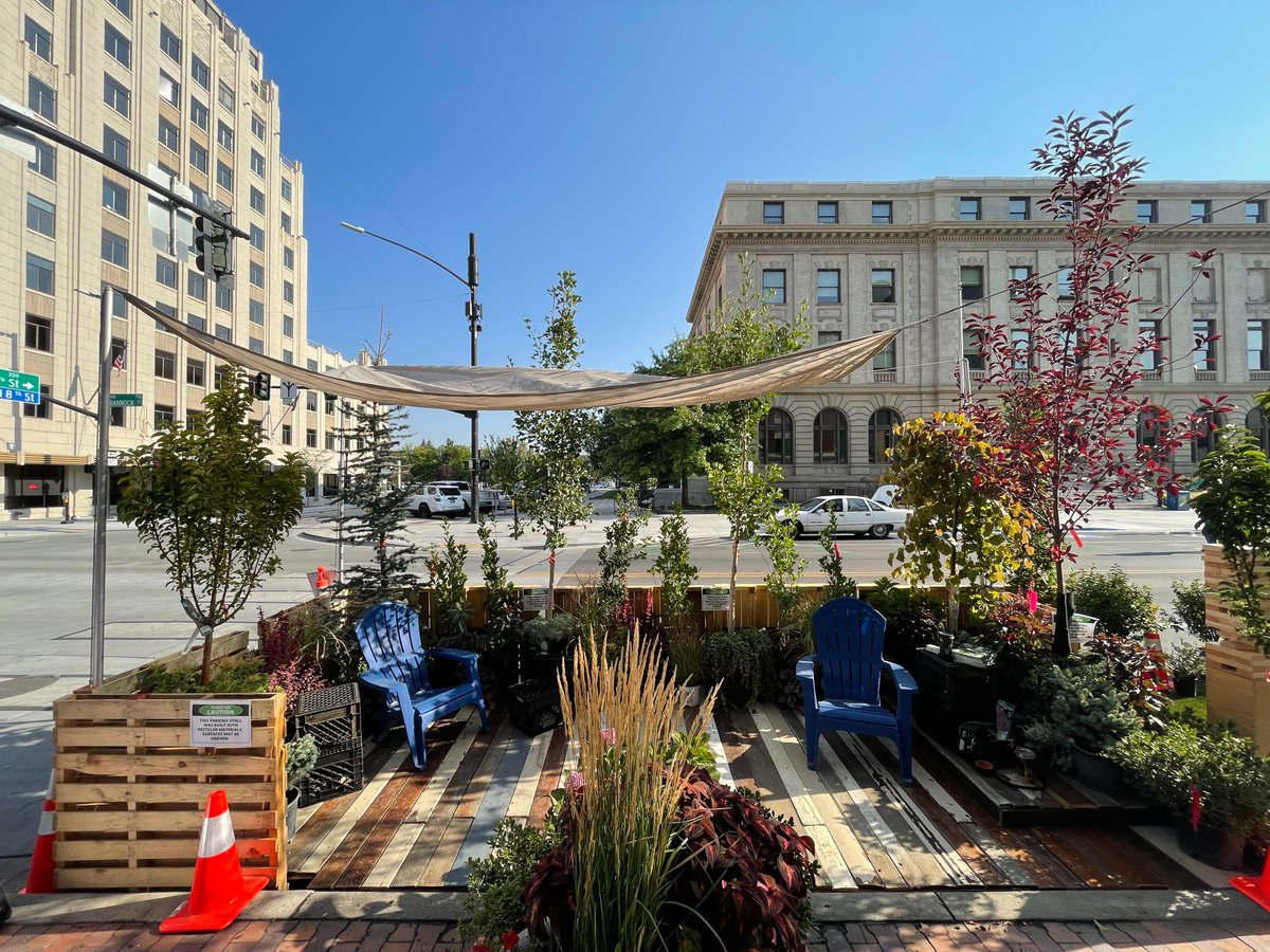 Great parklet by @reandpartners with Erik Hagen Architecture for Parking Day. Arbor Farms and Synlawn products were used in the parklet. Temporary spaces like these can raise awareness of  how important green spaces can be to a city. #imasla #ParkingDay