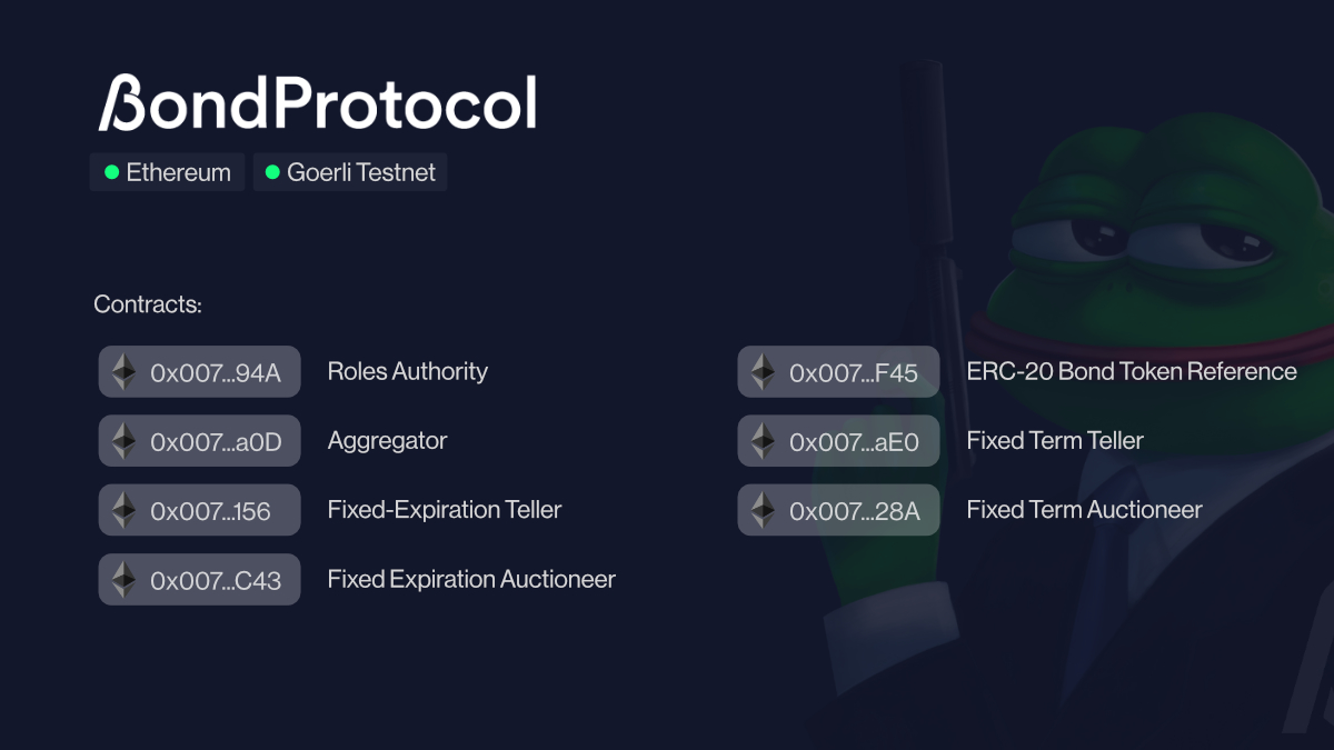 Bond_Protocol's tweet photo. Our smart contracts are now deployed to Ethereum &amp; Goerli Testnet 😎

Inspect them here: https://t.co/tuZbAljfGs https://t.co/VzVfKNOpwV