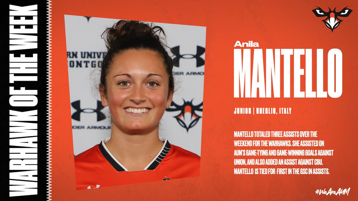 AUMathletics's tweet photo. 🦅 WARHAWK OF THE WEEK 🦅

Retweet to congratulate @AUMWarhawksWSOC's Anila Mantello on being named Warhawk of the Week!

📰: https://t.co/AYGI3NgC9I

#WeAreAUM https://t.co/pESyY6qr38