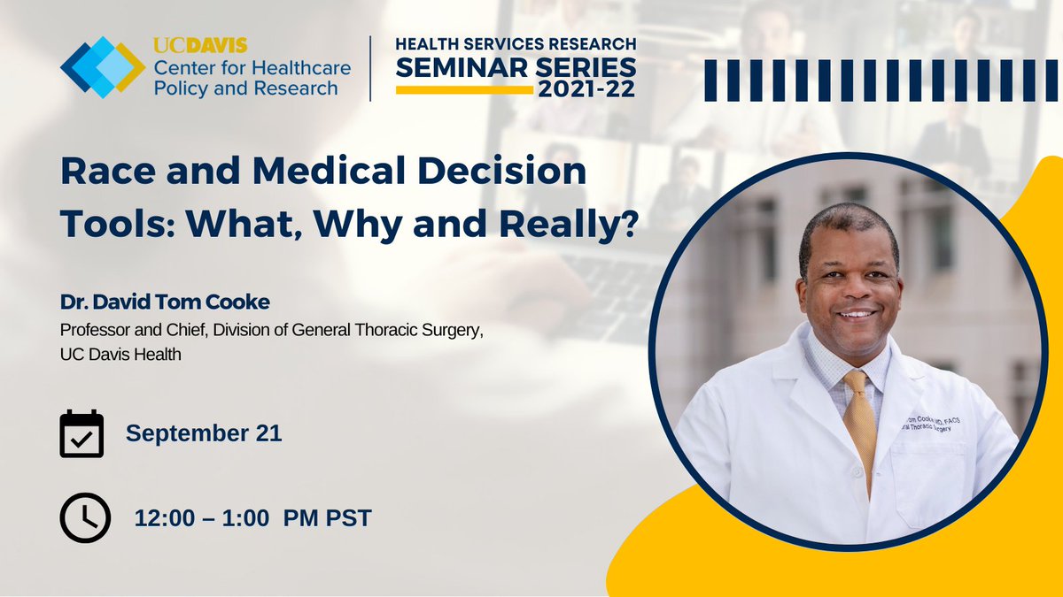 This Wednesday, @DavidCookeMD, <a href="/UCDavisSurgery/">UC Davis Surgery</a>, joins the CHPR Seminar Series to discuss the use of and reasons behind #race #data in clinical decision tools and potential negative results of risk calculations using race data. 

Register: ow.ly/wVQg50KI8Yq