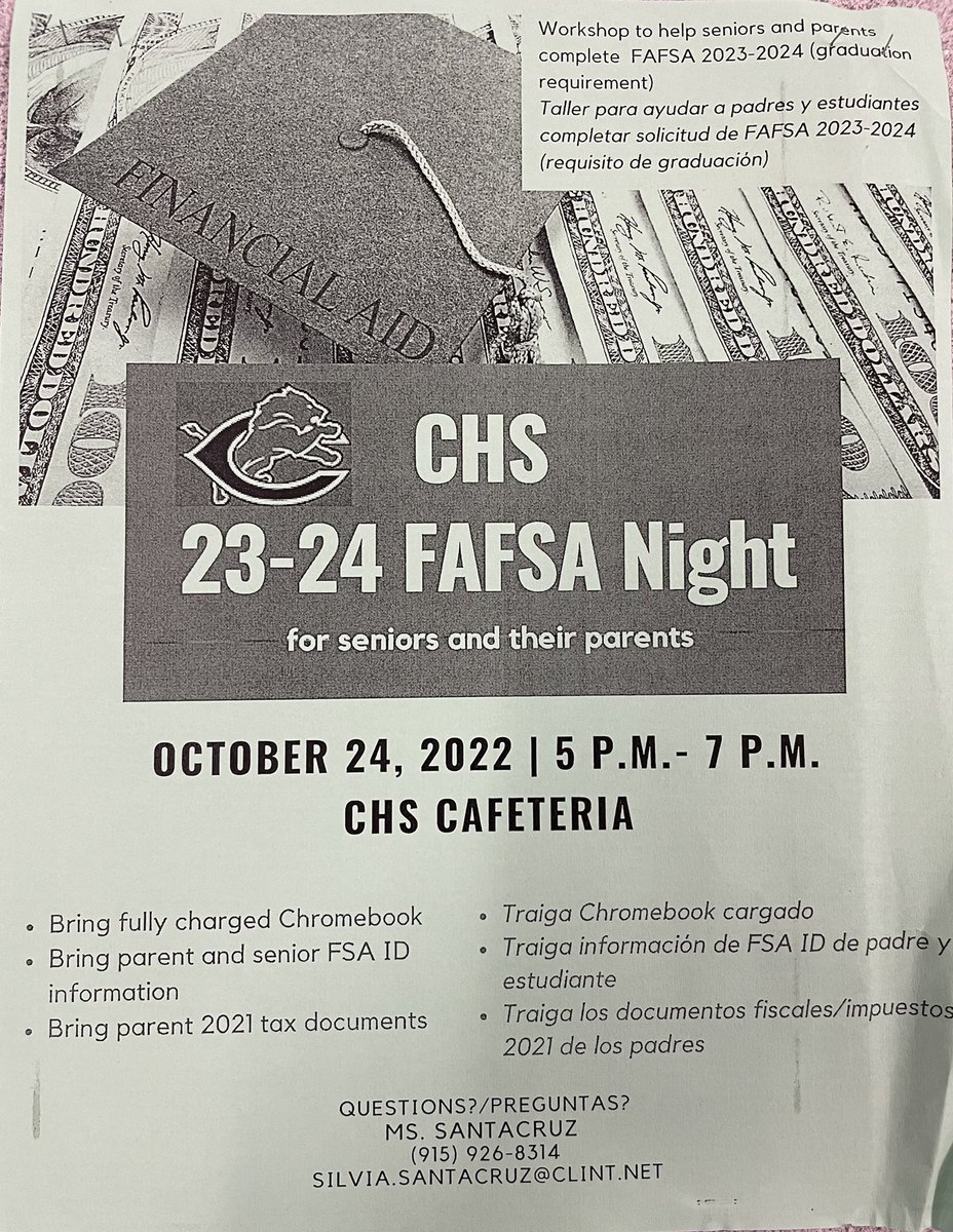 lion_yearbook's tweet image. Attention Clint Lion Seniors &amp;amp; Parents!! Check out the FAFSA night info below! Get your senior graduation requirements completed before semester 1 is over!! #collegeispossible #vocationalcollegeispossible #FAFSA #fundingyourfuture #lionpride 🦁💪🏼🤘🏼✌🏼💙💜