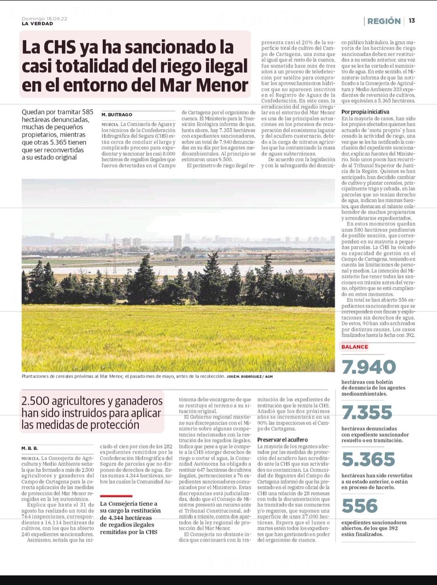 aproam's tweet photo. Los #AgentesMedioambientales de la @chsriosegura destinados en la Comarca del Mar Menor, han realizado un laborioso trabajo denunciando un total de 7940 has. de regadío ilegal, pudiendo así aliviar buena parte de la presión a la que está sometido el #MarMenor.  
@laverdad_es
1/2 https://t.co/teHVmkLb1T