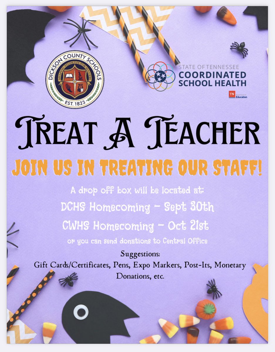 Coordinated School Health’s School Health Advisory Committee has decided to focus on staff wellness this year and we need you help! Please help us treat a teacher!