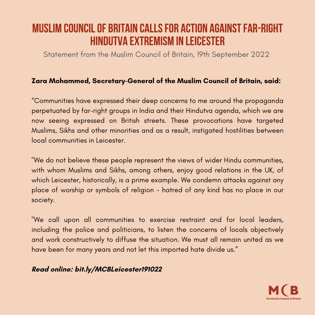 <a href="/MuslimCouncil/">Muslim Council of Britain</a> of Britin calls for action against far-right Hindutva extremism in #Leicester |
19th Sep 2022

🔗Read online: 
#Hindutva 
#MuslimsUnderAttack 
<a href="/ZaraM01/">Zara Mohammed</a> @HassanJoudi_ <a href="/Peter_Soulsby/">Mayor Of Leicester</a> @KashmirBylines <a href="/CellJammu/">Liberation Cell (JKLC)</a> <a href="/MushaalMullick/">Mushaal Hussein Mullick</a> @lmrankhanISP