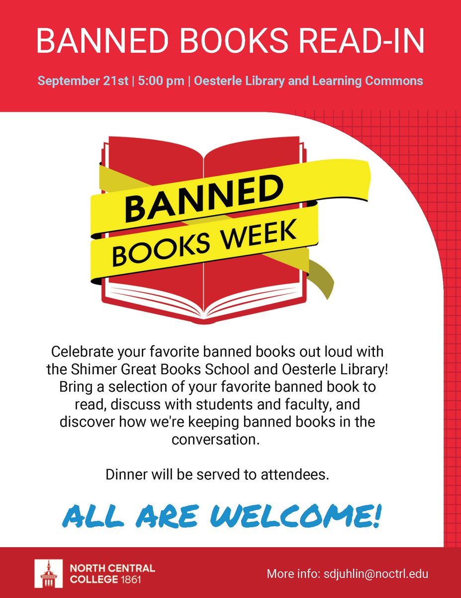 oesterlelib's tweet photo. It's #BannedBooksWeek and we're excited for our #ReadIn with @ShimerSchool ! Join us on Wednesday at 5pm in the library for conversation, food, and dangerous books! #BooksUniteUs #CensorshipDividesUs  #OesterleLibrary #LibrariesofInstagram #LibrariesHaveIt #BannedBooks https://t.co/dDsVW5amMO
