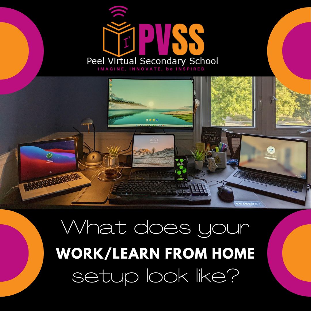 peelvirtualss's tweet photo. Working&Learning remotely is an opportunity to organize our spaces in ways that work best for us as individuals. Take a look at some great remote setups PVSS Staff are using currently! What does your setup look like? #remotelife #signingonfromhome #shareyourspace @PeelSchools https://t.co/Loo2RSuTGi