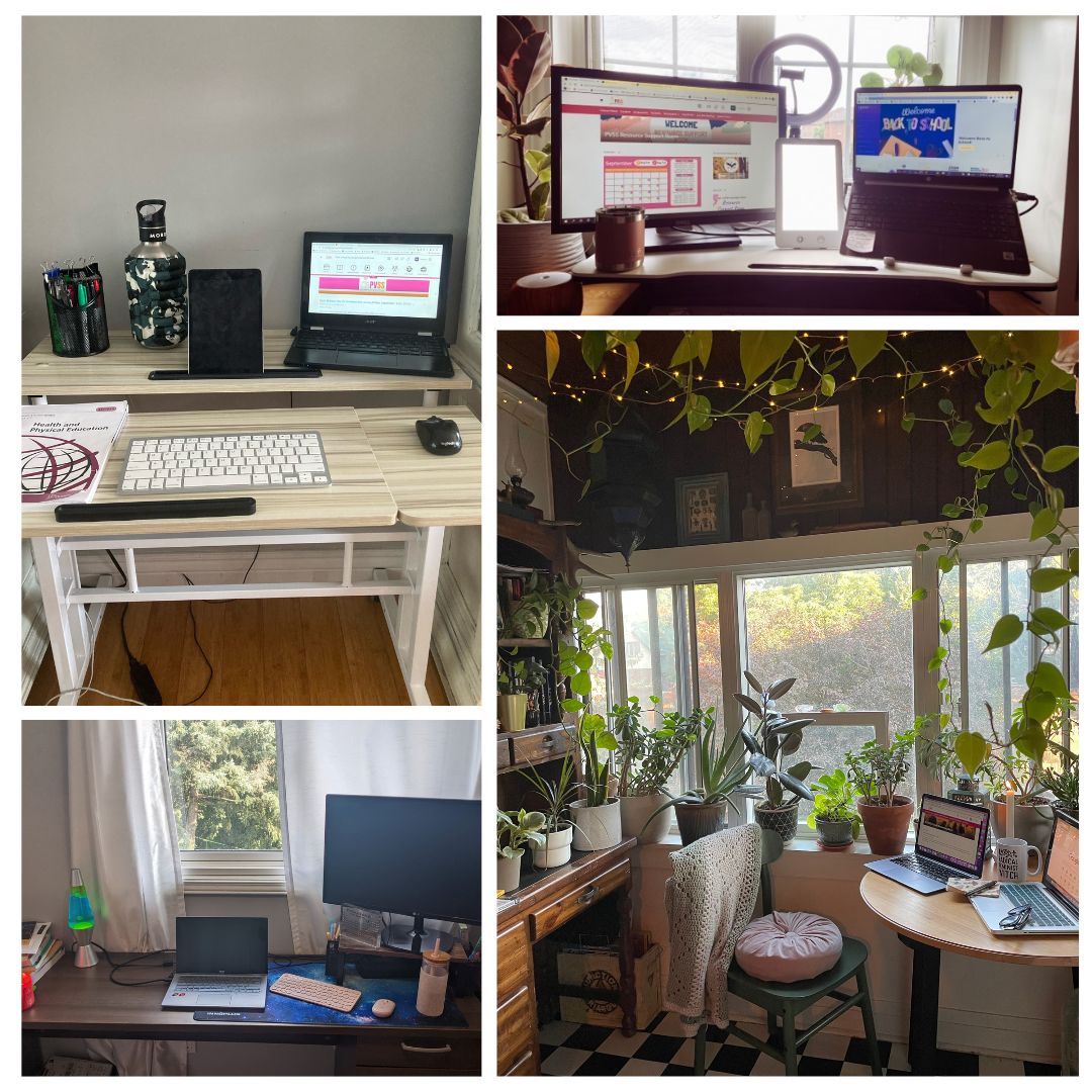 peelvirtualss's tweet photo. Working&Learning remotely is an opportunity to organize our spaces in ways that work best for us as individuals. Take a look at some great remote setups PVSS Staff are using currently! What does your setup look like? #remotelife #signingonfromhome #shareyourspace @PeelSchools https://t.co/Loo2RSuTGi