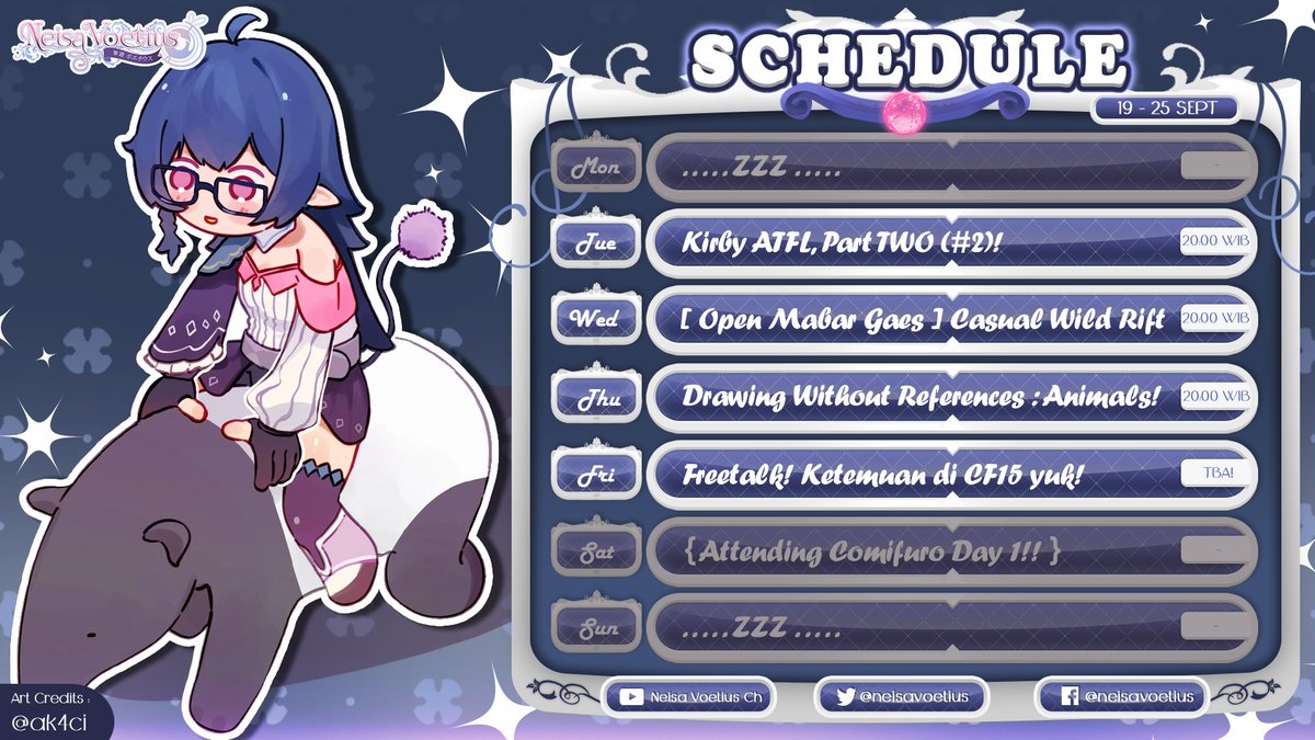 neisavoetius's tweet photo. NGEEENG!! 🏍️
Weekly schedule arrives late, but better than never!

✧ Weekly Schedule for Sep 19 - Sep 25, 2022 ✧
!socials : https://t.co/nuv9261fGU

Hashtags :
General &amp; Info : #NeisaVoetius
Fanart - #Neisketch (18-) #PPNeisa (18+)
Memes - #Neismeme
Stream/Clips - #Neisdream
💜 https://t.co/2Yi90mAnNU