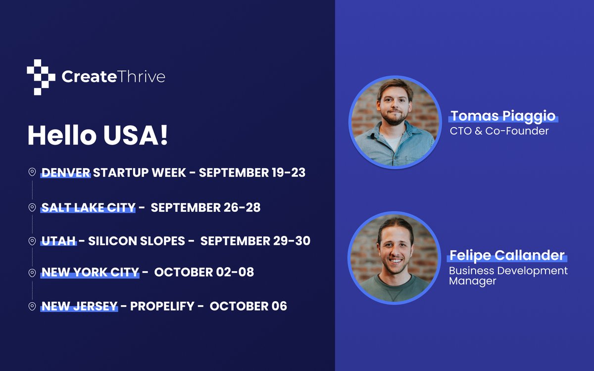 CreateThrive (@createthrivedev) on Twitter photo Join us at the @DENStartupWeek , <a href="/siliconslopes/">Silicon Slopes</a> and <a href="/propelify/">Propelify</a> , or letβs meet up in Salt Lake City or New York City.
Our CTO & Co-Founder <a href="/tomas_piaggio/">Tomas Piaggio</a> and Business Development Manager <a href="/FCallander/">Felipe Callander</a> will help your product come to life.
See you soon!
#mobile #web #Developers Join us at the @DENStartupWeek , <a href="/siliconslopes/">Silicon Slopes</a> and <a href="/propelify/">Propelify</a> , or letβs meet up in Salt Lake City or New York City.
Our CTO & Co-Founder <a href="/tomas_piaggio/">Tomas Piaggio</a> and Business Development Manager <a href="/FCallander/">Felipe Callander</a> will help your product come to life.
See you soon!
#mobile #web #Developers