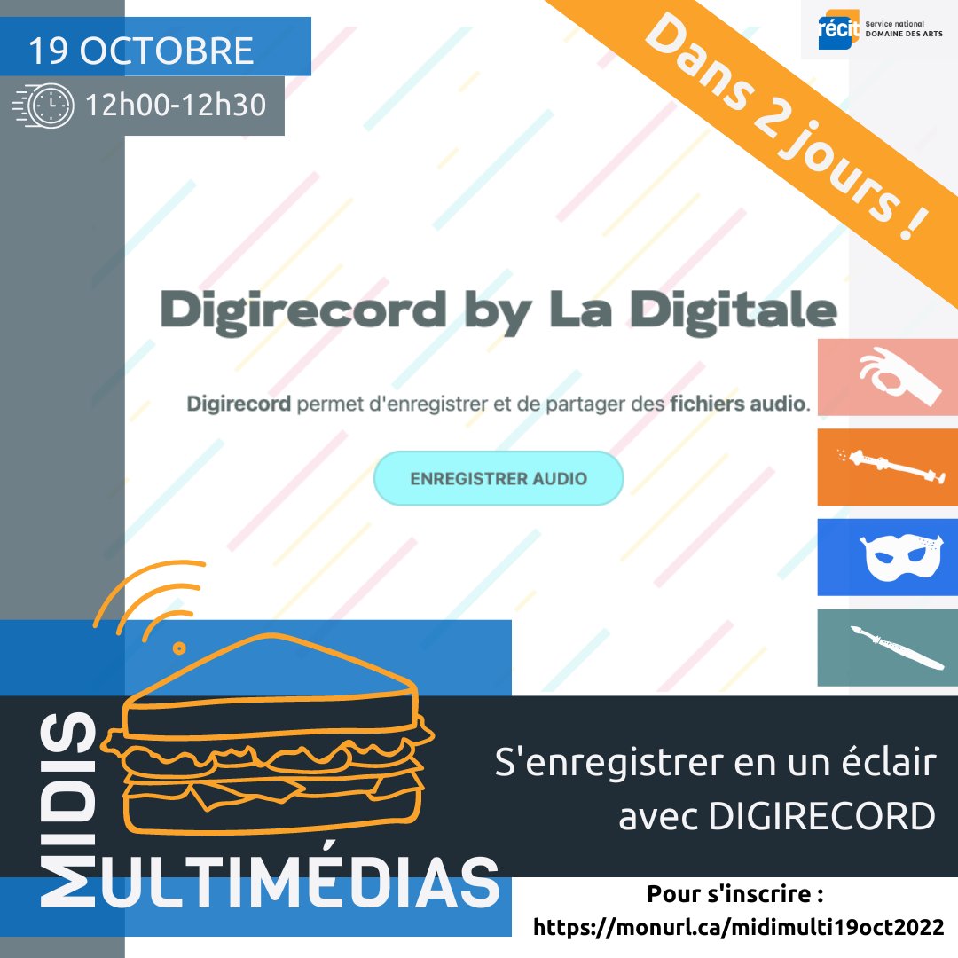 recitarts's tweet photo. Le sujet du Midi multimédia du 19 octobre 2022 est l’enregistrement (avec ou sans compte) sur l’interface DIGIRECORD de la suite responsable LaDigitale
Clientèle visée : enseignant·e·s de musique, d’art dramatique et CP
S'inscrire
https://t.co/HznQWheyML https://t.co/Ytw9mSMs9i