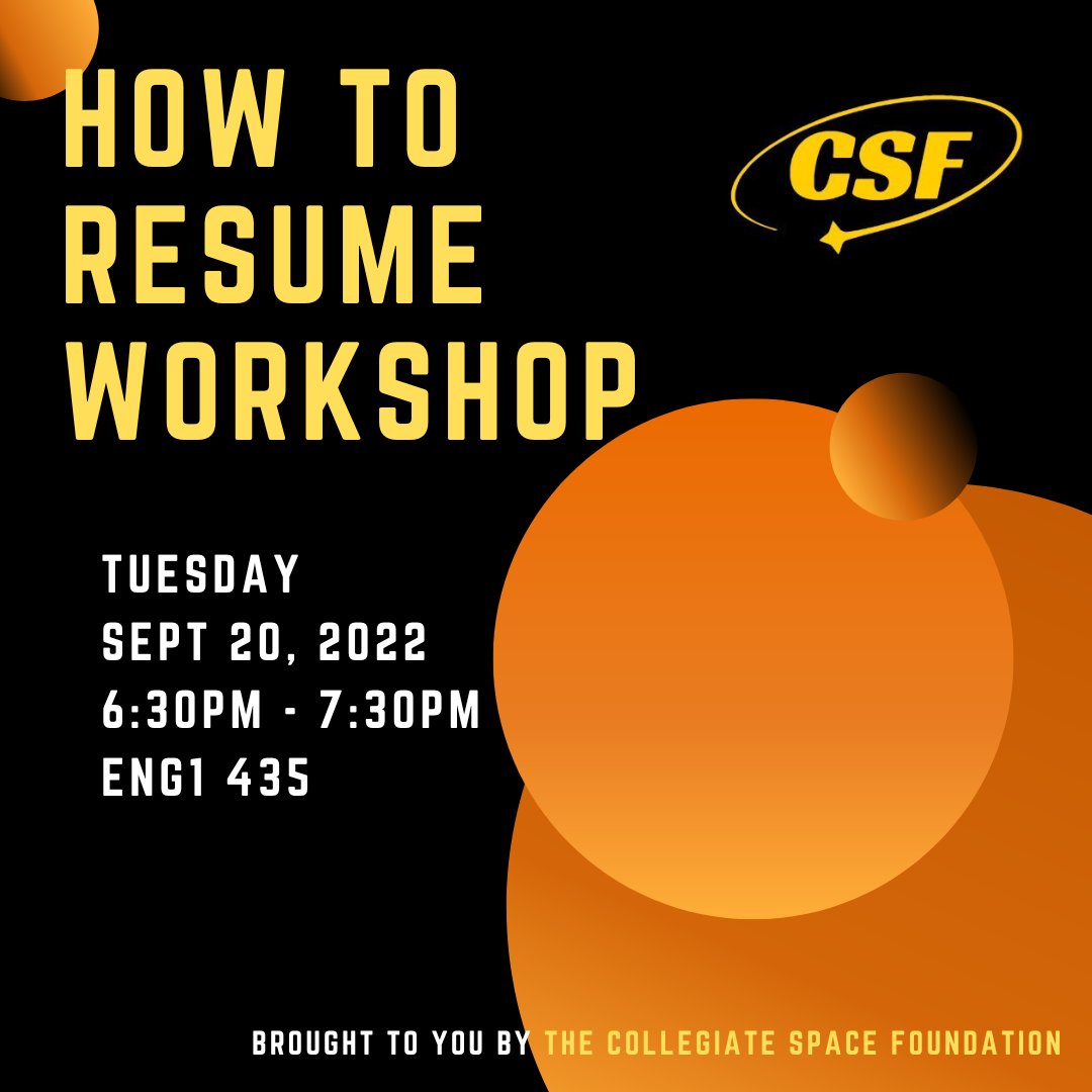 csfucf's tweet photo. ⏰The clock is ticking! Do you still need help with your resume before the Internship / Career Fair?

Come join us at our How to Resume Workshop that yours truly (Aref, VP) will be hosting tomorrow. See details above! 💫

#csfucf #satellites #professionaldevelopment #resume https://t.co/P2j68LIpcb