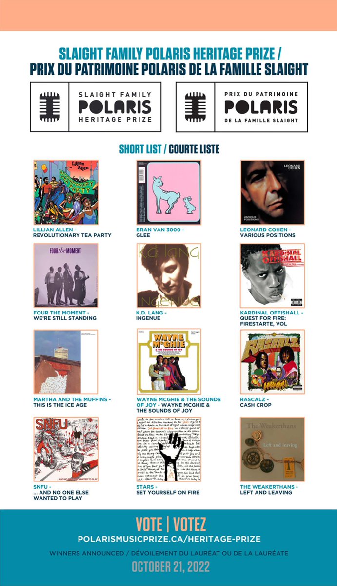 2022 Slaight Family Polaris Heritage Prize Voting Is Now Open!

Le vote pour le Prix du patrimoine Polaris de la famille Slaight 2022 est maintenant ouvert!

Vote links:
FR: polarismusicprize.ca/fr/prix-du-pat…
EN: polarismusicprize.ca/heritage-prize/