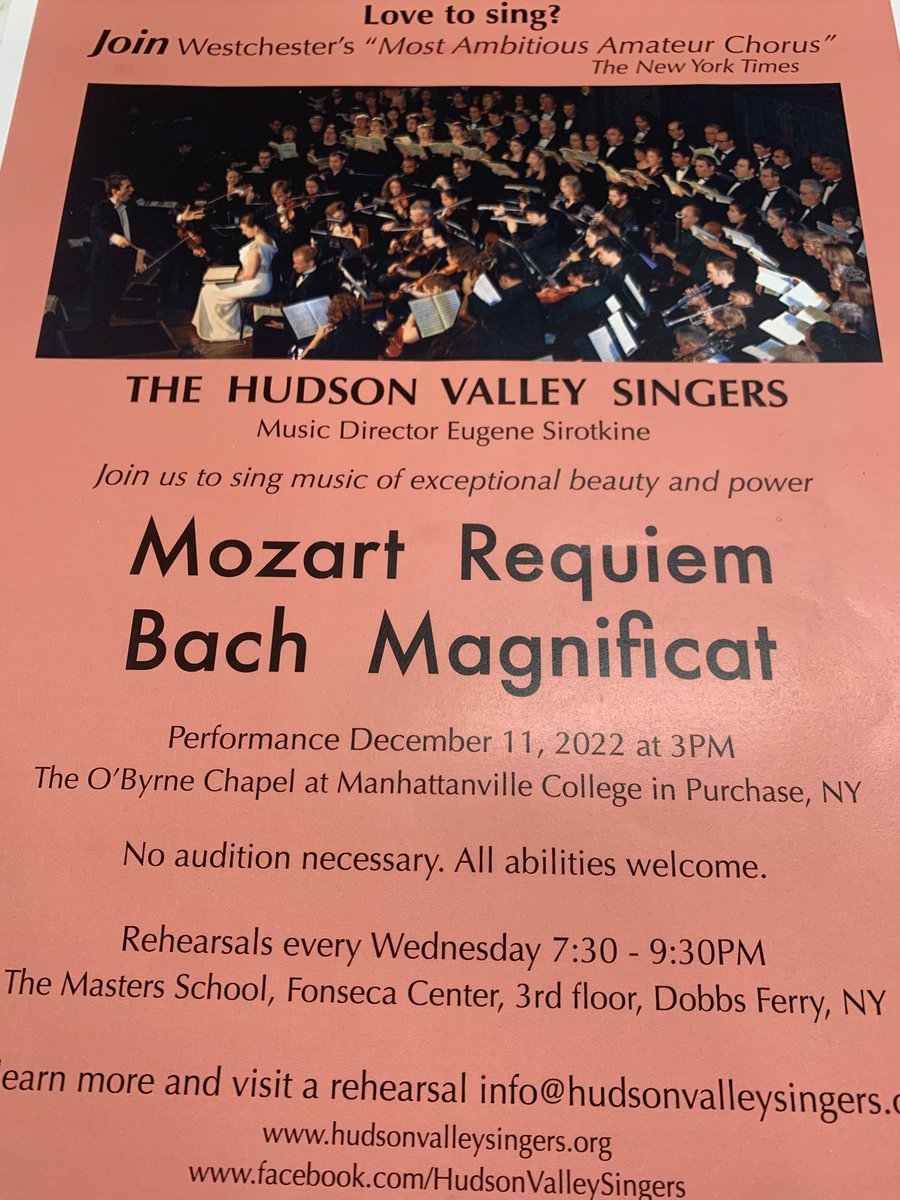Miss singing in a chorus? Sing the Mozart Requiem and Bach Magnificat with orchestra on December 11 at Manhattanville College! Rehearsals Weds nights at The Masters School in Dobbs Ferry. hudsonvalleysingers.org