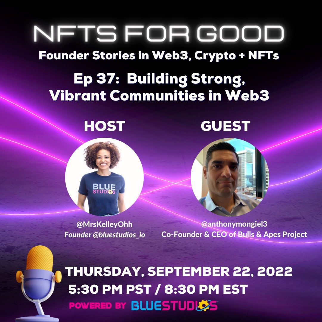 🎯Time to join an unforgetta-Bull discussion on building strong, vibrant communities in Web3!

🎁Giveaway: 2 <a href="/BullsApesProj/">Bulls and Apes Project</a> Teen Bulls, 2 Winners!
 
🎙 Join #NFTsForGood with @anthonymongiel3 of <a href="/BullsApesProj/">Bulls and Apes Project</a> w/<a href="/MrsKelleyOhh/">Kelley Cambry</a>! 

⏰ Get ready x.com/i/spaces/1OyKA…. #NFTcommunity