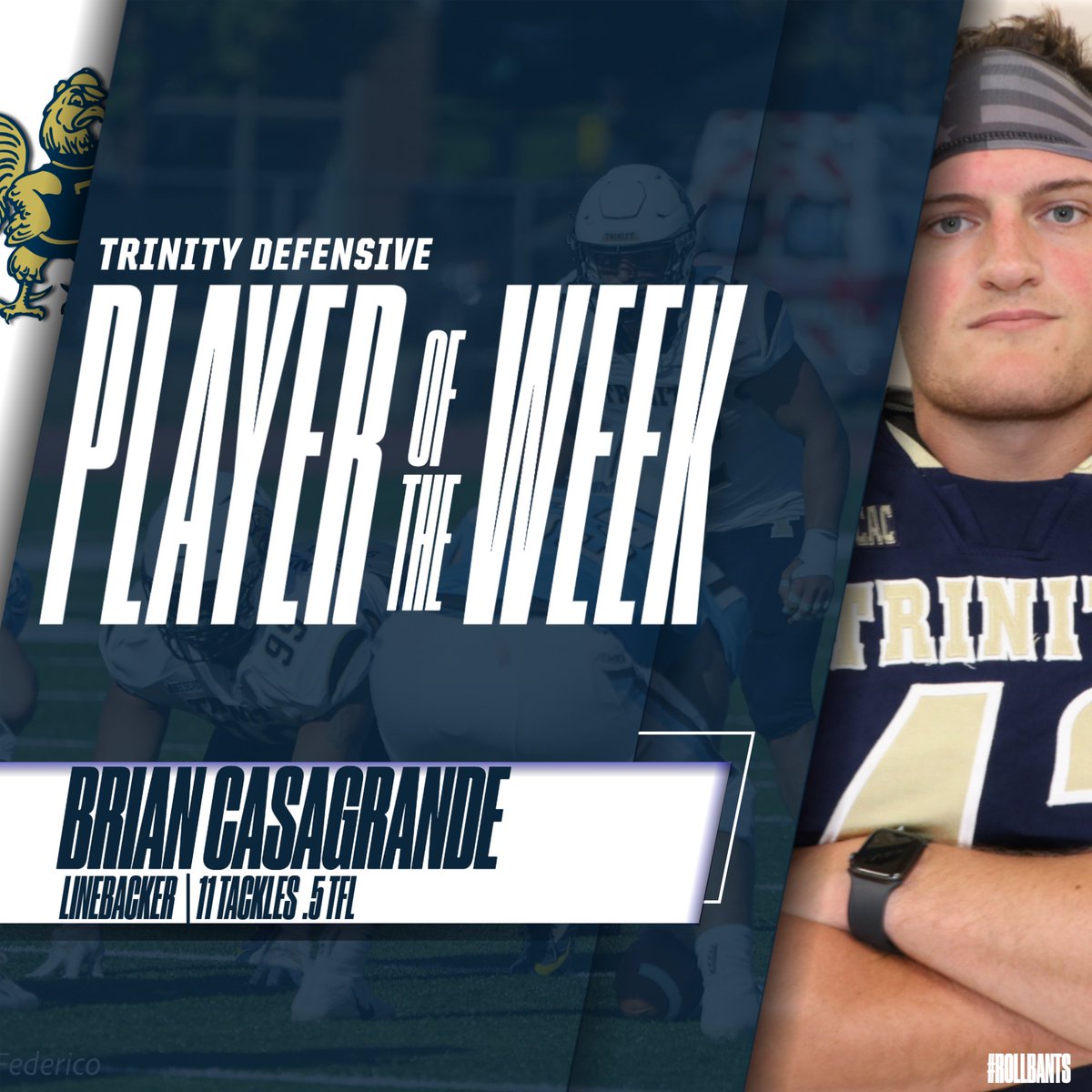 TrinCollFB's tweet photo. Tufts | Players of the Week

Brian Casagrande (Daniel Hand, CT)
Patrick Donovan Jenkins (Georgetown Prep, MD)
Hampton Trout (Belmont High, MA)
Ian Coffey (Hamilton Wenham, MA)
Aaron Poawui (Maret, DC)

#trincoll #rollbants https://t.co/q3mDfeIpvL