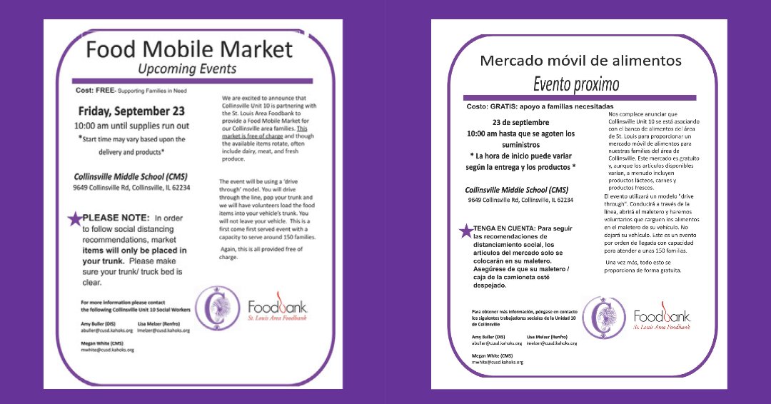 This Friday, September 23, 2022, CUSD 10 will host a Mobile Food Market with <a href="/STLFoodbank/">St. Louis Area Foodbank</a> at Collinsville Middle School,  9649 Collinsville Road, beginning at 10 am &amp; lasting as long as food supply lasts. Drive-thru model, items will be placed in trunk. #thekahokway #KahoksStepUp