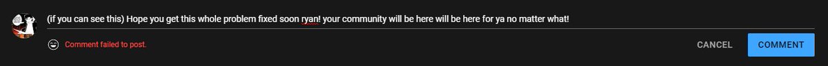 flamecore13's tweet photo. @IAm8BitRyan saw your video concerning the whole comment issue. if it helps any here is what i see whenever i try and attempt to comment on your video. but still either way we love ya Ryan! https://t.co/D8BtgA8ZxB