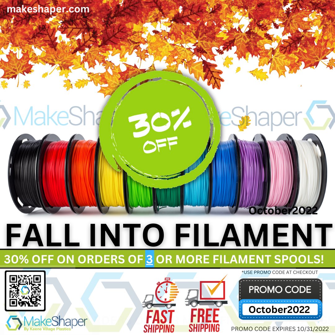 It's time to fall into filament with 30% off of any order of 3 spools or more! 🍂

For more info, visit:

🔸 villageplastics.com
🔹 makeshaper.com

#nationofmakers #3dprinting #3dprint #community #communityart #kvp #maker #pla #filament #3dfilament #makeshaper