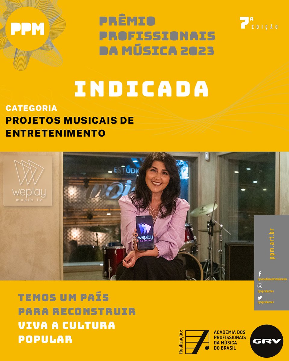 weplaymusictv's tweet photo. Carambaaaaa, tô sabendo que fui indicada ao Prêmio Profissionais da Música (@premiopm)! Que honra! 

Vote por aqui: https://t.co/Ys9erJRQZu

#premioprofissionaisdamusica #ppm2023 https://t.co/QmOzRepTrq