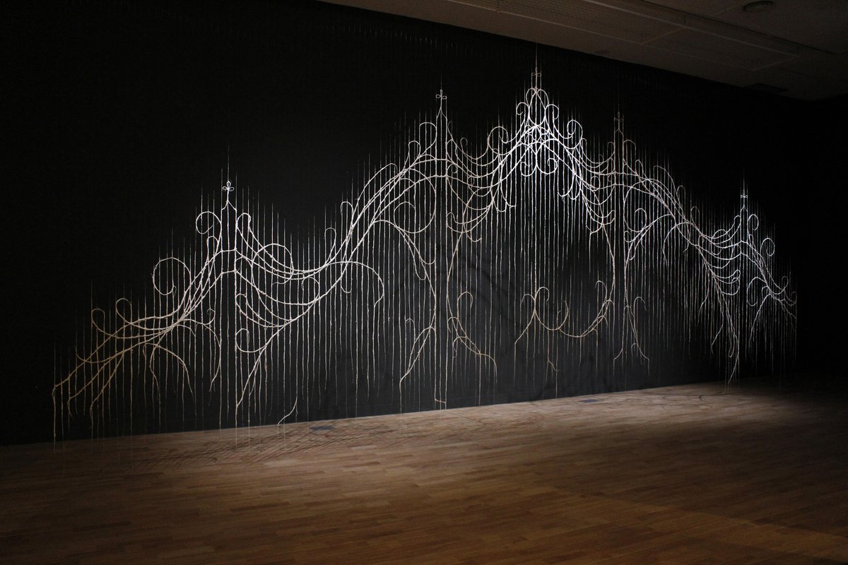 AUMuseum_Katzen's tweet photo. Kate Robert's beautiful instillation piece "Gates to Nowhere" is so delicate that after every instillation the suspended structure must be destroyed. See the ephemeral piece before it is too late in our "More Clay!" Exhibition now on view! #MuseumSecrets #AUMuseum #Katzen https://t.co/OwUn4wHu3A