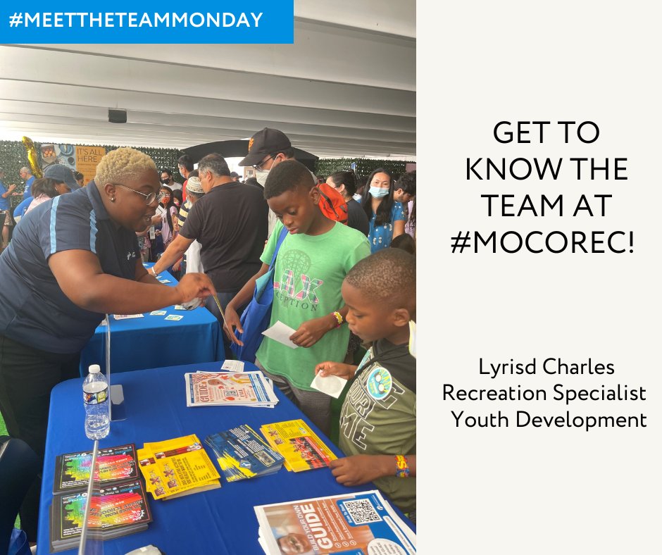 MoCoRec's tweet photo. #MeetTheTeamMonday Lyrisd Charles has been with #MoCoRec for 10+ years, working with Excel Beyond the Bell, Sports and Summer Fun Centers! She is passionate about working with youth and is overseeing five #RecXtra middle school sites as a Recreation Specialist. #YouthDevelopment https://t.co/xFqEVZjeRR