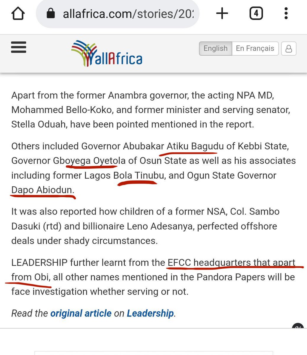 PlatinumGemz's tweet photo. @ibrobabani @Yahaya_IV @Doncorlejoe In addition to the short video evidence which debunked the lie you’re trying to peddle, pls also see this.
The EFCC said, apart fro Obi who has cleared himself in the Pandora papers, all the others mentioned, including #Escobat Mr Amoda, aka emilokan will face investigation https://t.co/trdwll5MBT