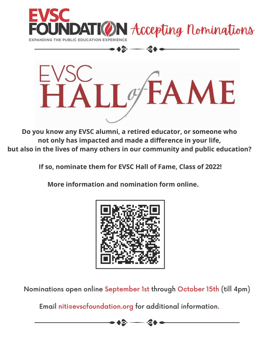 The EVSC Foundation will accept nominations for the EVSC Hall of Fame until October 14 at 4pm.  Nominate them online today at the following link: evscschools.com/halloffamenomi…