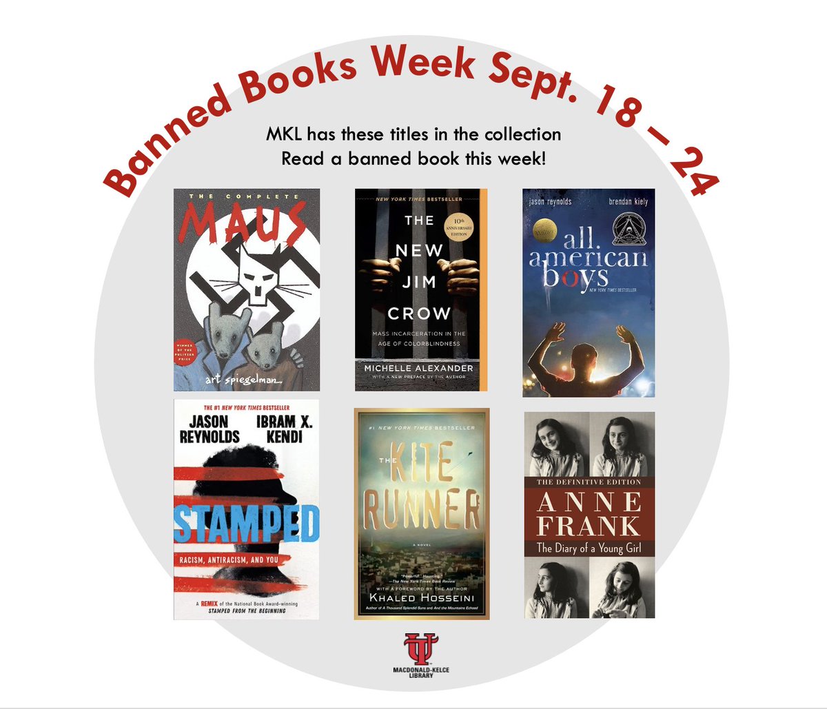 UTampaLibrary's tweet photo. It's Banned Books Week #utampa! Borrow these titles from the Macdonald-Kelce Library. 📚#bannedbooksweek #freedomtoread #booksuniteuscensorshipdividesus #youdontknowwhatyougottillitsgone https://t.co/7pktjY0D9i