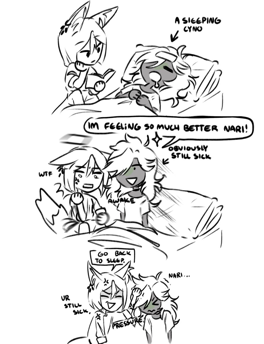 another silly #cynonari comic where cynos sick and tighnari is watching after him

#Cyno #Tighnari #Genshinlmpact