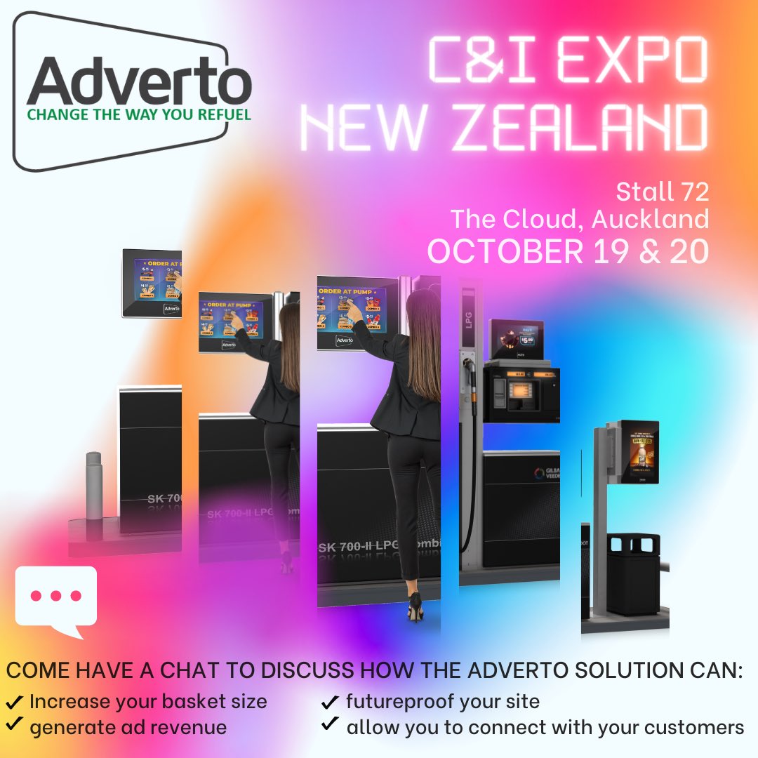 AdvertoGlobal's tweet photo. 📣Come visit us 19-20th October at The C&amp;I Expo (The Cloud, Auckland) to 💁🏼‍♀️ learn about how you can #futureproof your site, increase ⬆️ your basket size, ⛽️ generate #adrevenue, and MUCH more!! We look forward to seeing you all in New Zealand!
#petrolstation #petrol #pumps https://t.co/6Vkiin8bxC