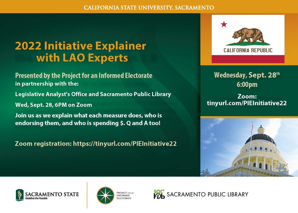 Join us Wed, Sept. 28 at 6pm for our traditional (well, on Zoom) Initiative Explainer featuring the CA Legislative Analyst's Office experts.

Bring your questions! 

Register: tinyurl.com/PIEInitiative22

With: <a href="/saclib/">Sacramento Public Library</a> <a href="/LAO_CA/">Legislative Analyst</a>