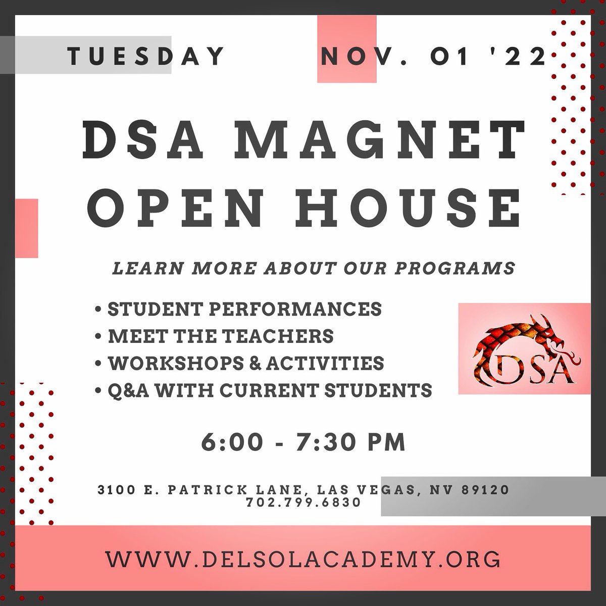 DsaVocal's tweet photo. 🔥DSA Magnet Open House is Tuesday, November 1st, 2022 from 6-7:30pm! If you or anyone you know is interested in attending a performing arts magnet school, please feel free to share! #ccsd #ccsdMagnet #dsa #dsaChoir #dsaVocal @MagnetSchlsMSA @ClarkCountySch @CCSDMagnet https://t.co/3dwrYi3cTc