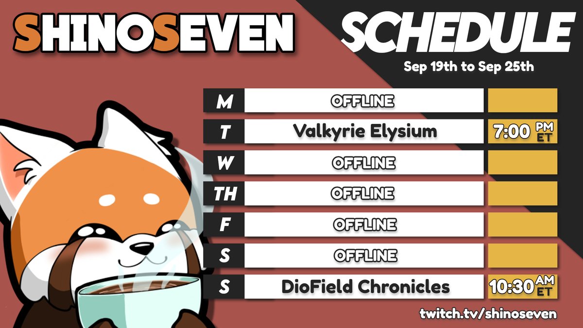 shinoseven's tweet photo. 📅 Schedule is up!
This week we will play demos of #ValkyrieElysium and #DiofieldChronicles!
Cya then pandas😊
https://t.co/Sq9jgAOzma https://t.co/cAbktPN0S8