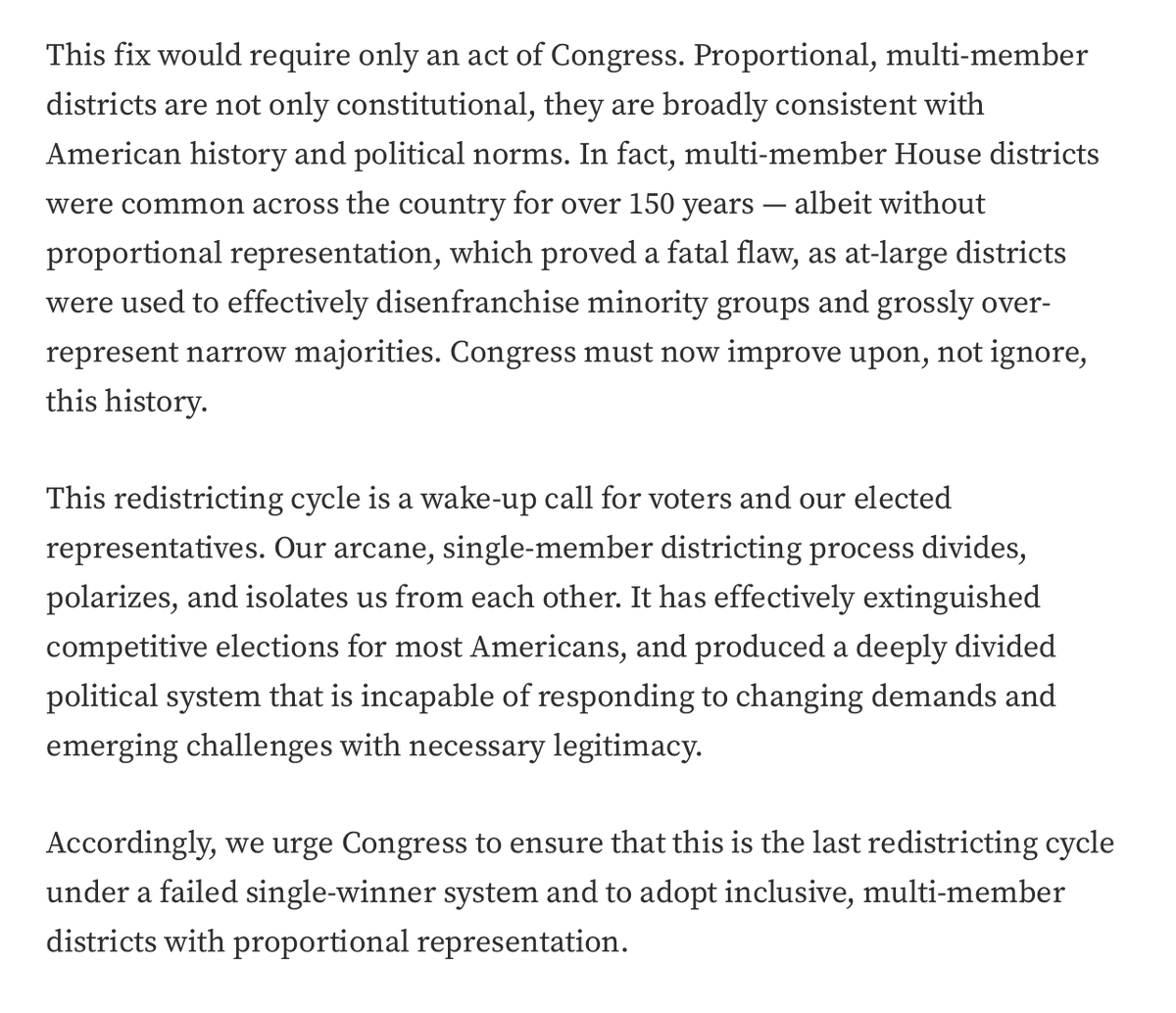 Proud to join more than 200 of my colleagues in calling for a shift to proportional, multi-member districts in Congressional elections - open letter organized by @protctdemocracy is here: medium.com/@scholars-redi…