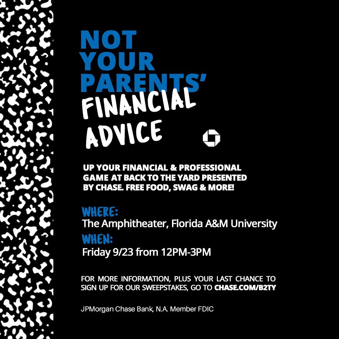 FAMU_1887's tweet photo. Hey Rattler! Back To The Yard presented by @Chase is coming! Join us for a financial and career experience exclusively designed for HBCU students. Free food, financial advice, games, prizes, and more (while supplies last)! Register now at https://t.co/4f8DSH3JO7 #chase #B2TY https://t.co/nbn6YA4fqk