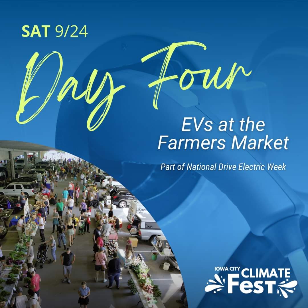 TheDBissell's tweet photo. Come to the Iowa City Farmer's Market on Saturday and see EVs of all shapes and sizes! #NDEW2022 #climatefest #driveelectric https://t.co/bMfZnJdV7j