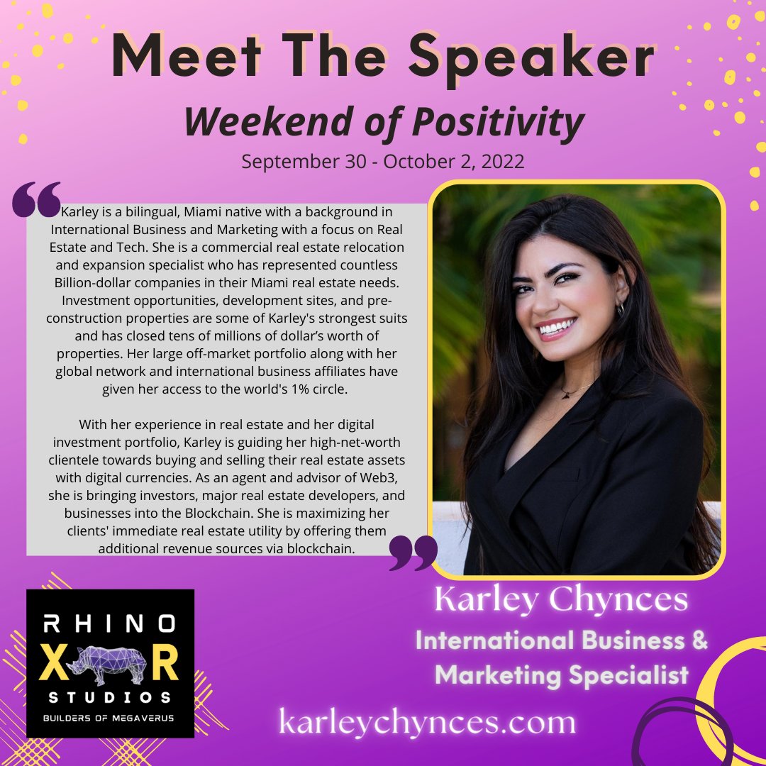 don_of_solar's tweet photo. Very Excited to have Karley Chynces speaking at The Inspirational Weekend of Positivity. Not only will you learn a ton from this remarkable woman, you will be truly inspired! #MegaVerus #WeekendofPositivity #Metaverse
Get your tickets at this link https://t.co/VoEj7cyNv7 https://t.co/BluQJd8auS