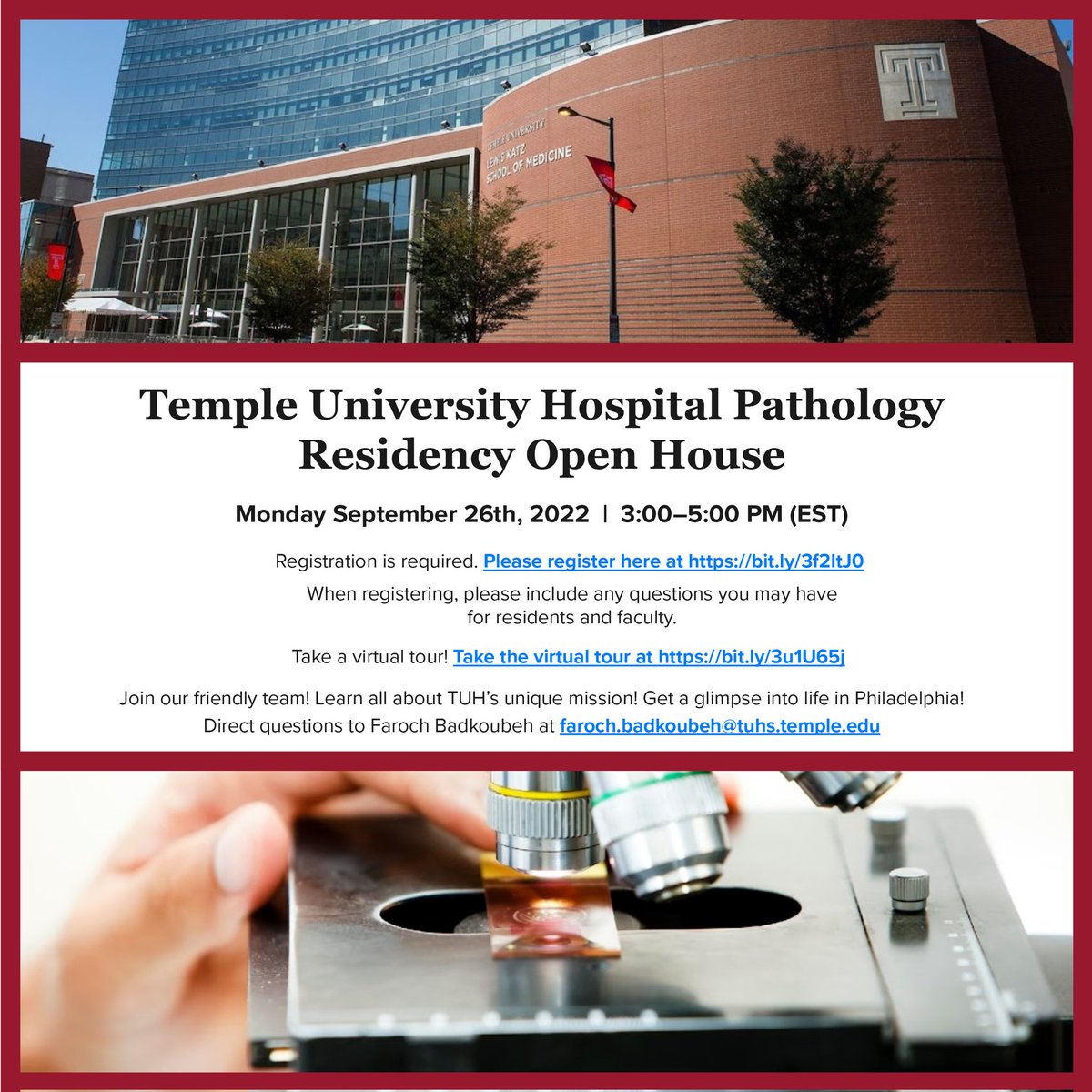 templepathology's tweet photo. Please join us for @templepathology Open house next week! Monday 9/26 at 3pm EST. Meet our residents! Registration: https://t.co/WqDqBgY2XG
Tour: https://t.co/lPJhpzyMjN
#PathMatch23
@DZenezan @AlisaNobee @MdTushir @whosainastro @GeorgeTabet7 https://t.co/Vhh5PNMPJV