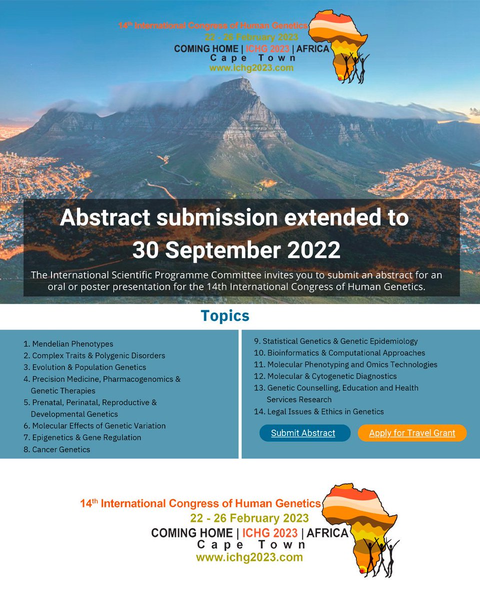 alagenetica's tweet photo. Abstract submission extended to 30 September 2022

14 International Congress of Human Genetics 22-26 February 2023 AFRICA
https://t.co/6s6oBrFvuW https://t.co/5Tp4c6s9Fy